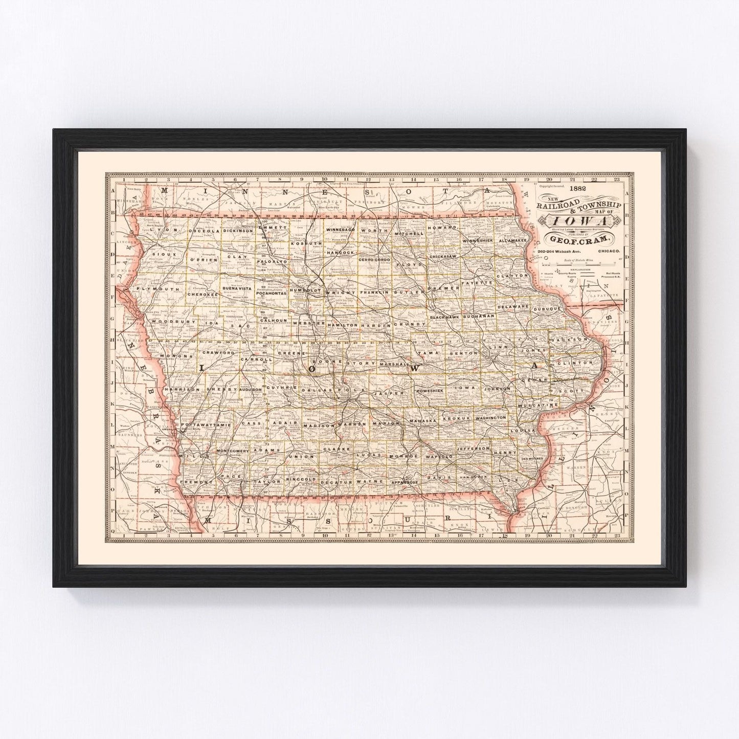 Vintage Railroad Map of Iowa 1882
