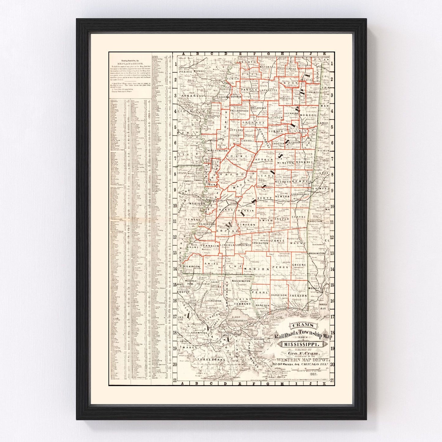 Vintage Railroad Map of Mississippi 1882