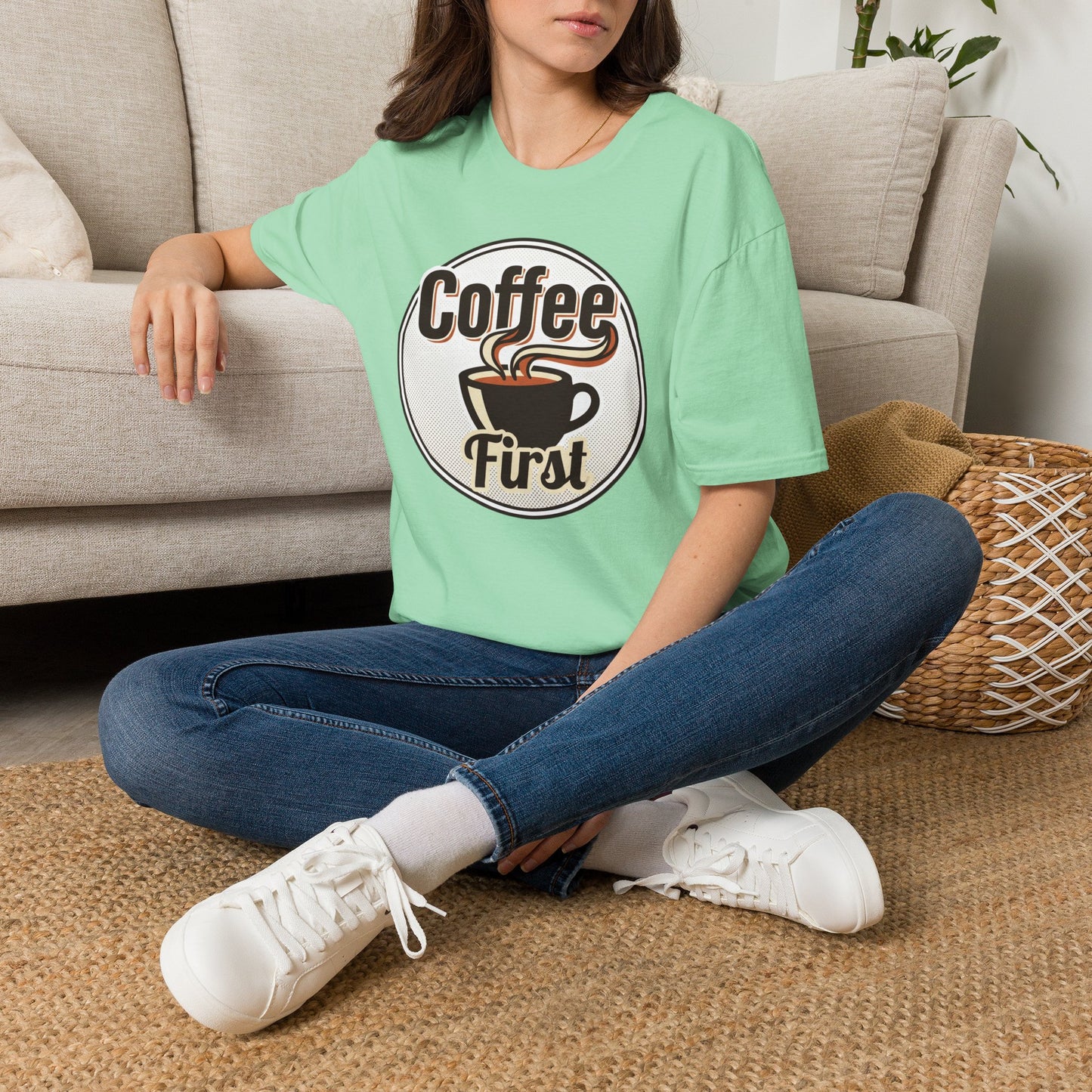 Coffee First T-Shirt — Retro Coffee Cup Graphic Tee for Coffee Lovers