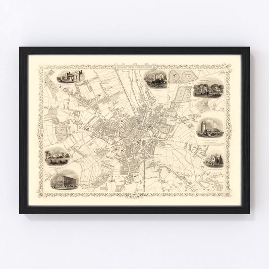 Vintage Map of Bradford & Yorkshire, United Kingdom 1851
