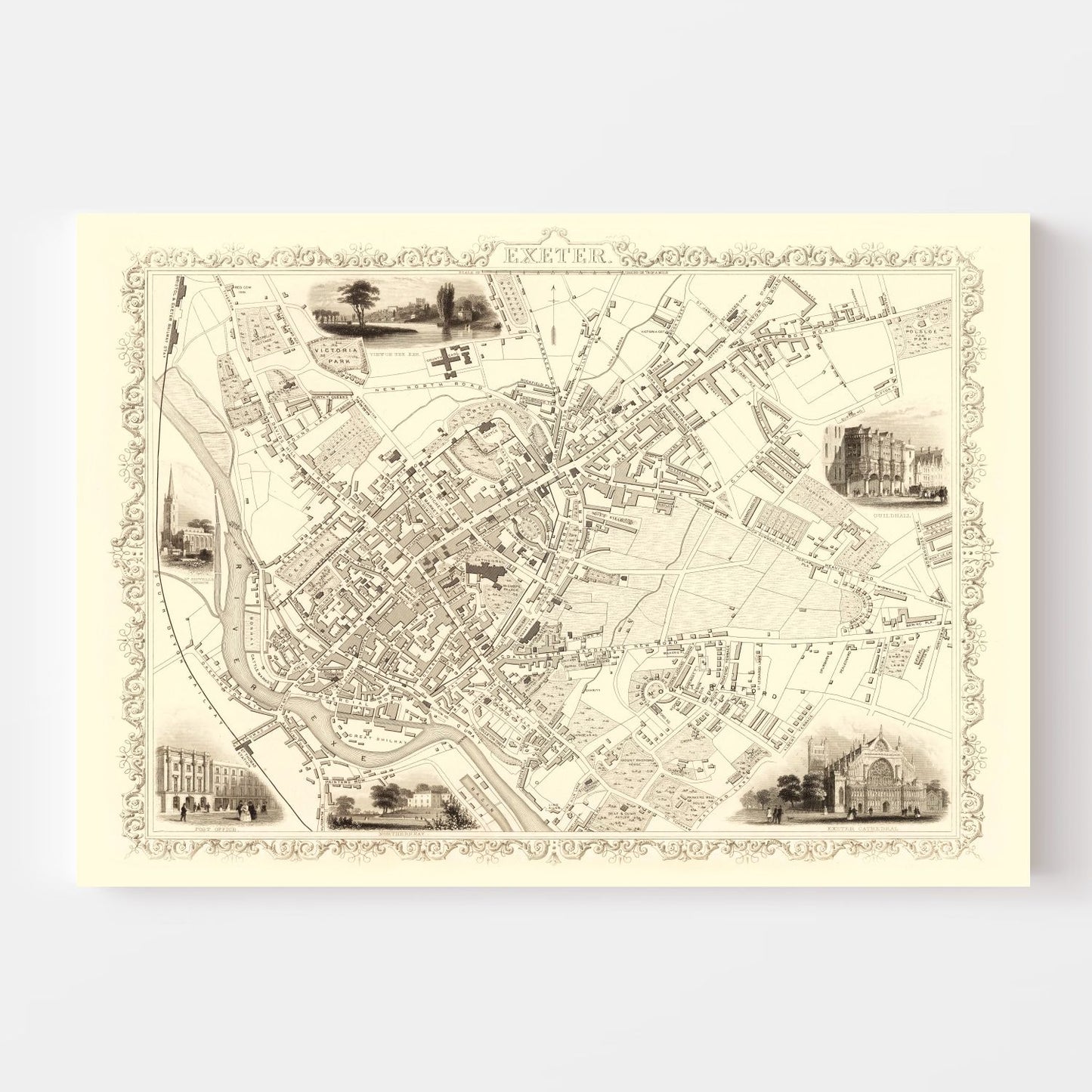 Vintage Map of Exeter, United Kingdom 1851