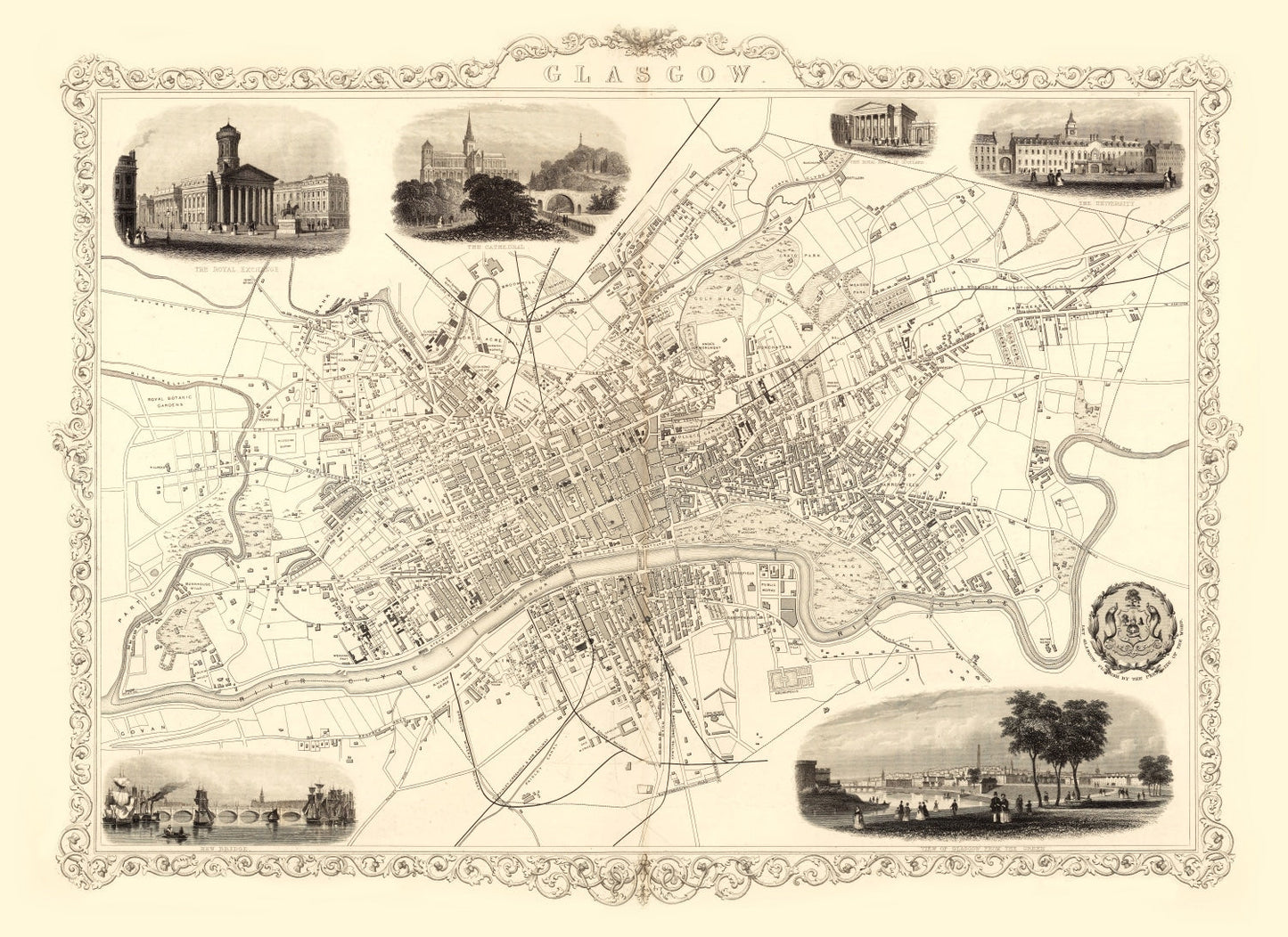 Vintage Map of Glasgow, Scotland 1851