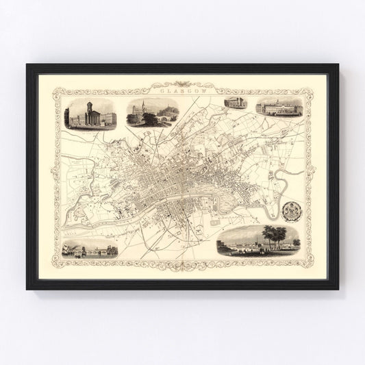 Vintage Map of Glasgow, Scotland 1851