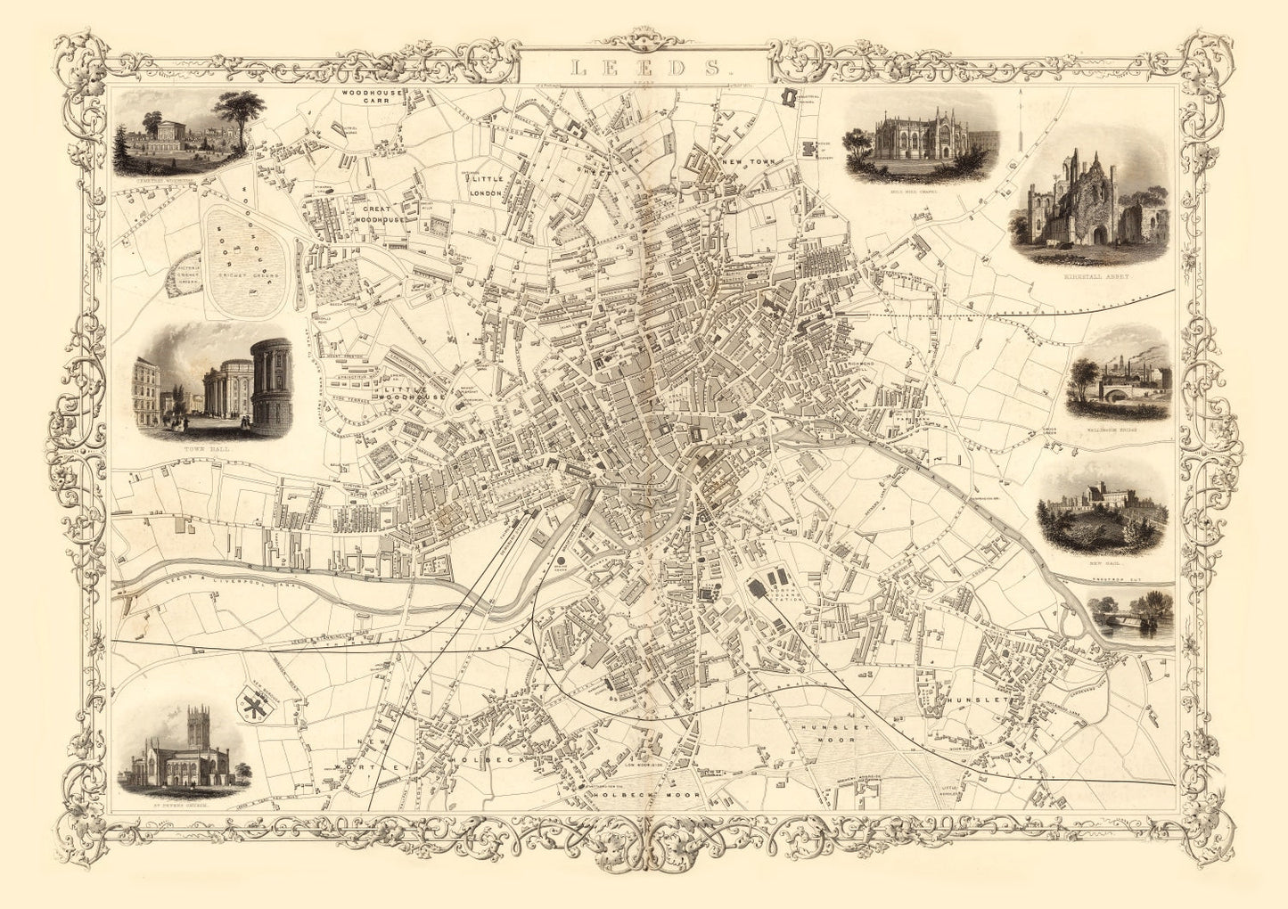 Vintage Map of Leeds, United Kingdom 1851