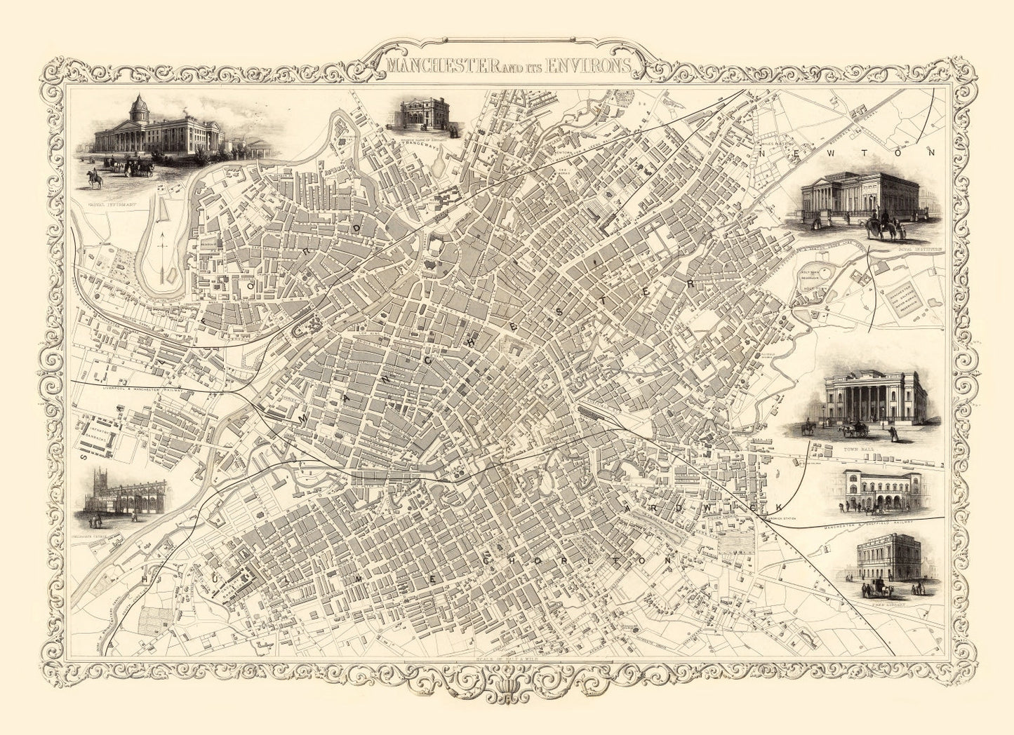 Vintage Map of Manchester, United Kingdom 1851