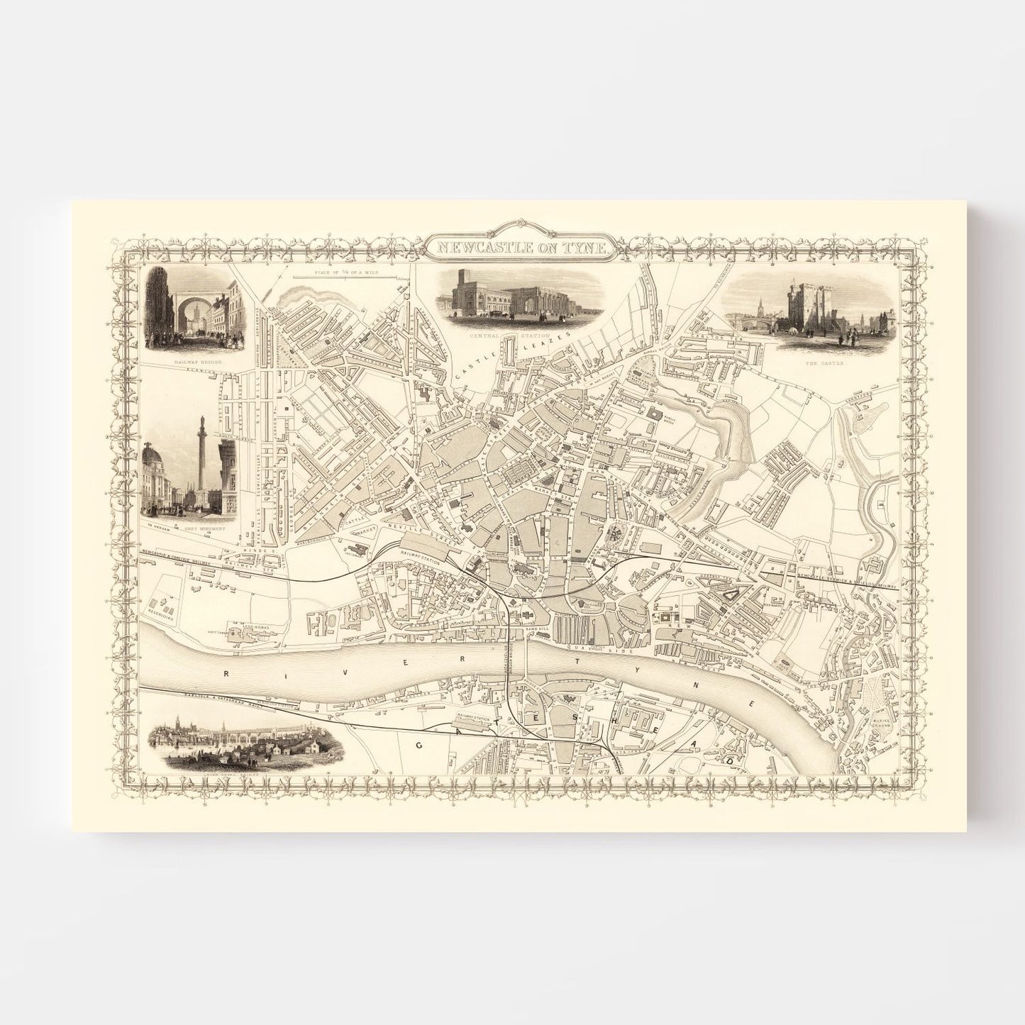 Vintage Map of Newcastle on Tyne, United Kingdom 1851