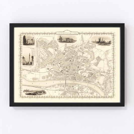 Vintage Map of Newcastle on Tyne, United Kingdom 1851