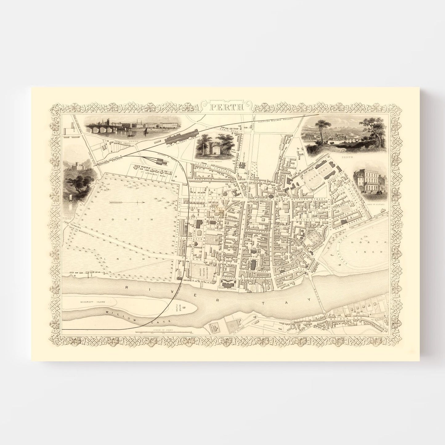 Vintage Map of Perth, Scotland 1851