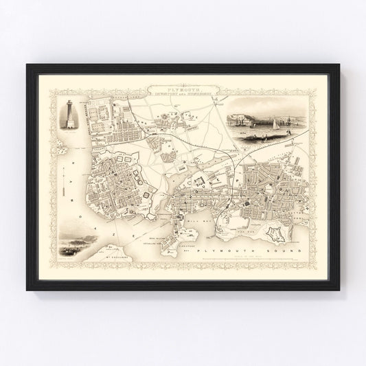 Vintage Map of Plymouth, United Kingdom 1851