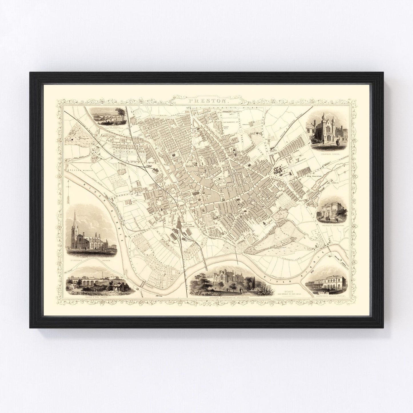 Vintage Map of Preston, United Kingdom 1851
