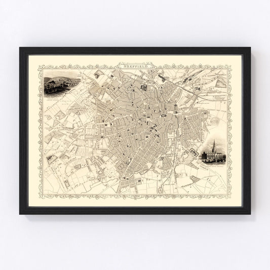 Vintage Map of Sheffield, United Kingdom 1851