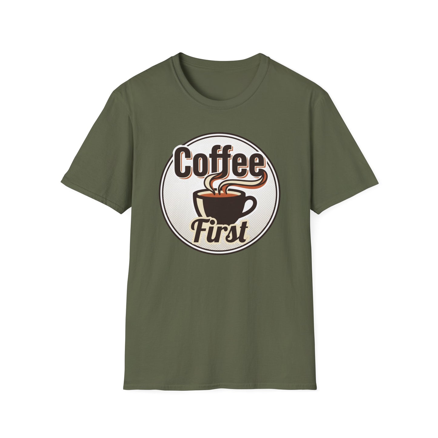 Coffee First T-Shirt — Retro Coffee Cup Graphic Tee for Coffee Lovers