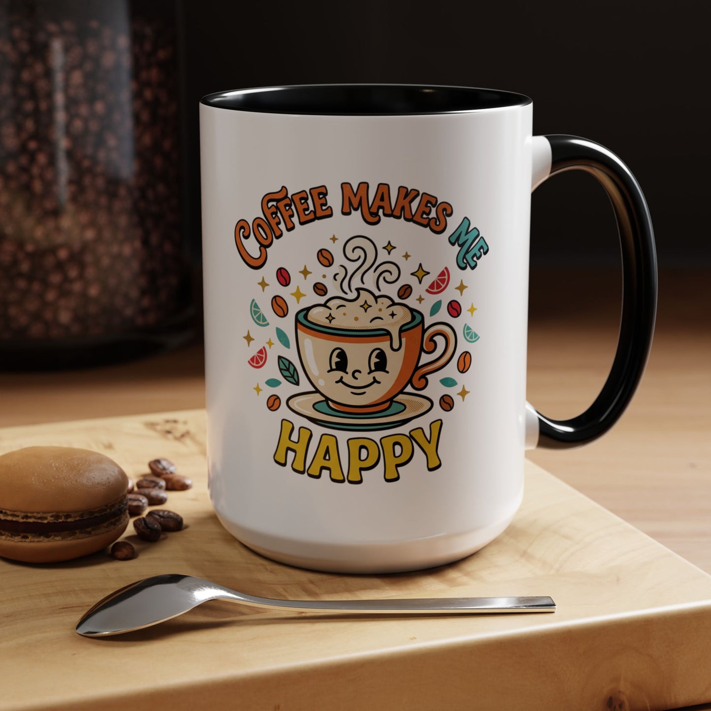 Coffee Mug — "Coffee Makes Me Happy" Cute Retro Accent Mug (11/15oz)