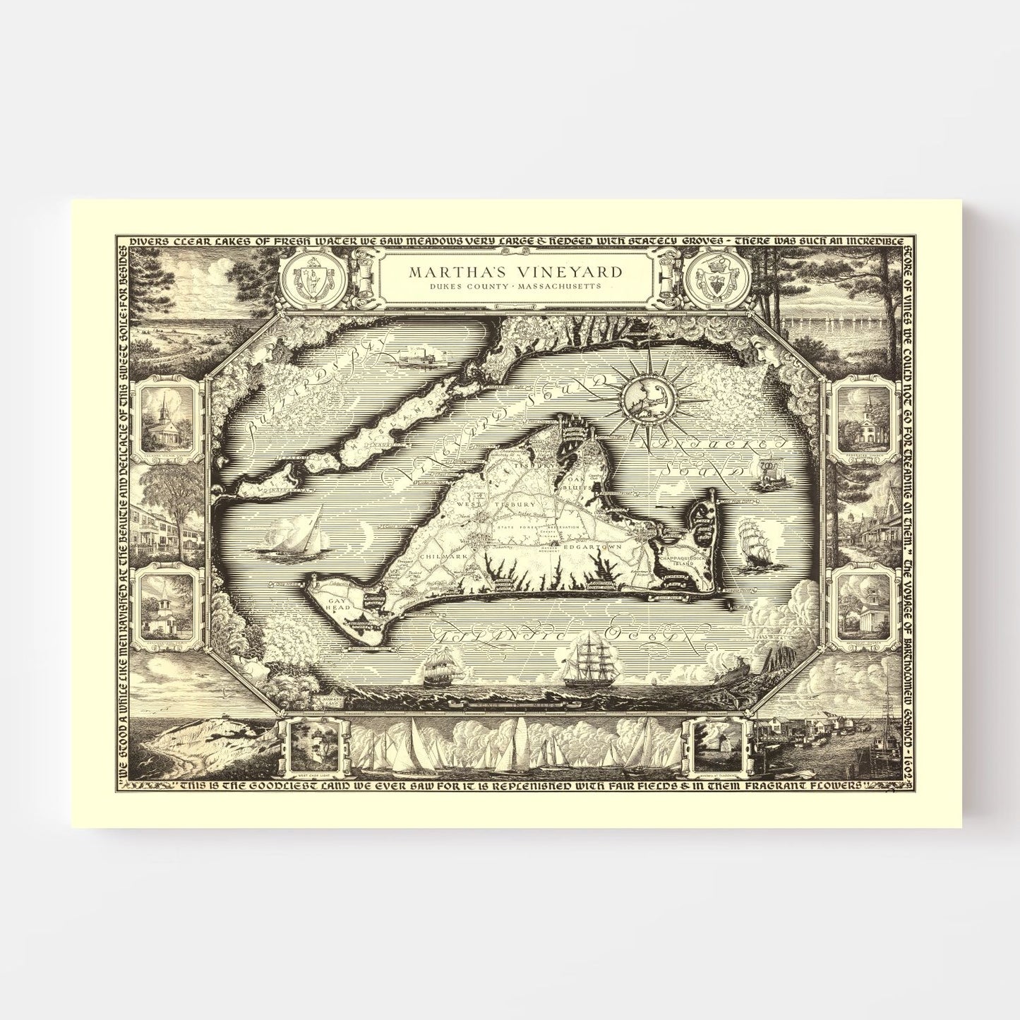 Vintage Map of Martha's Vineyard, MA 1954