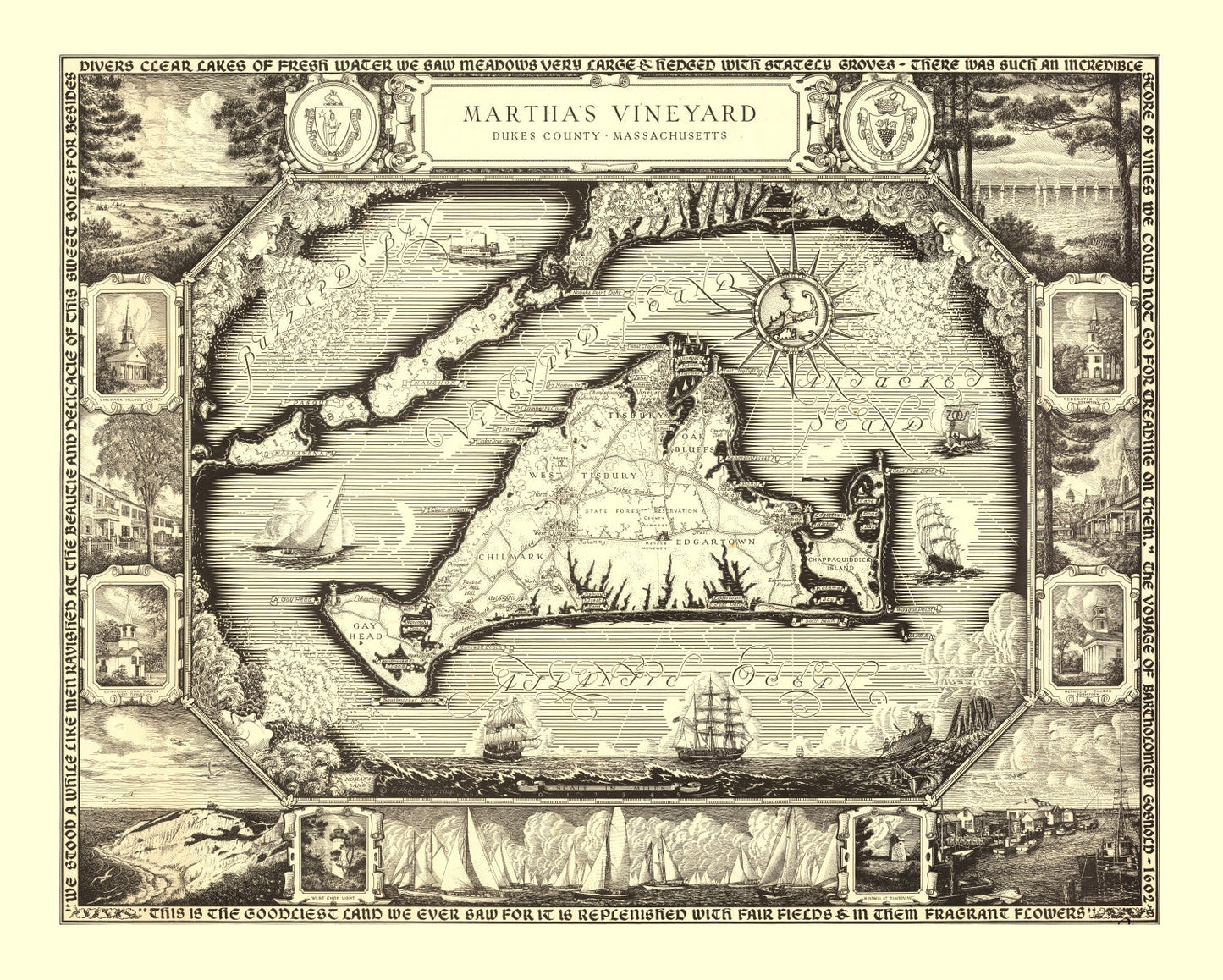Vintage Map of Martha's Vineyard, MA 1954