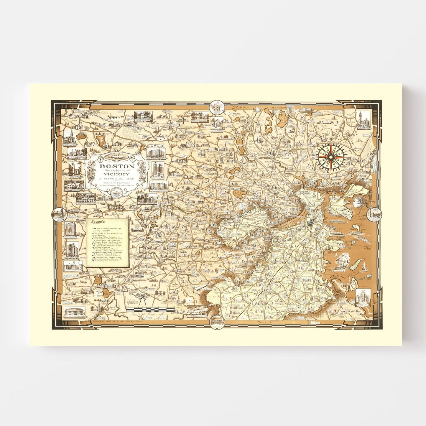 Vintage Pictorial Map of Boston, MA 1938