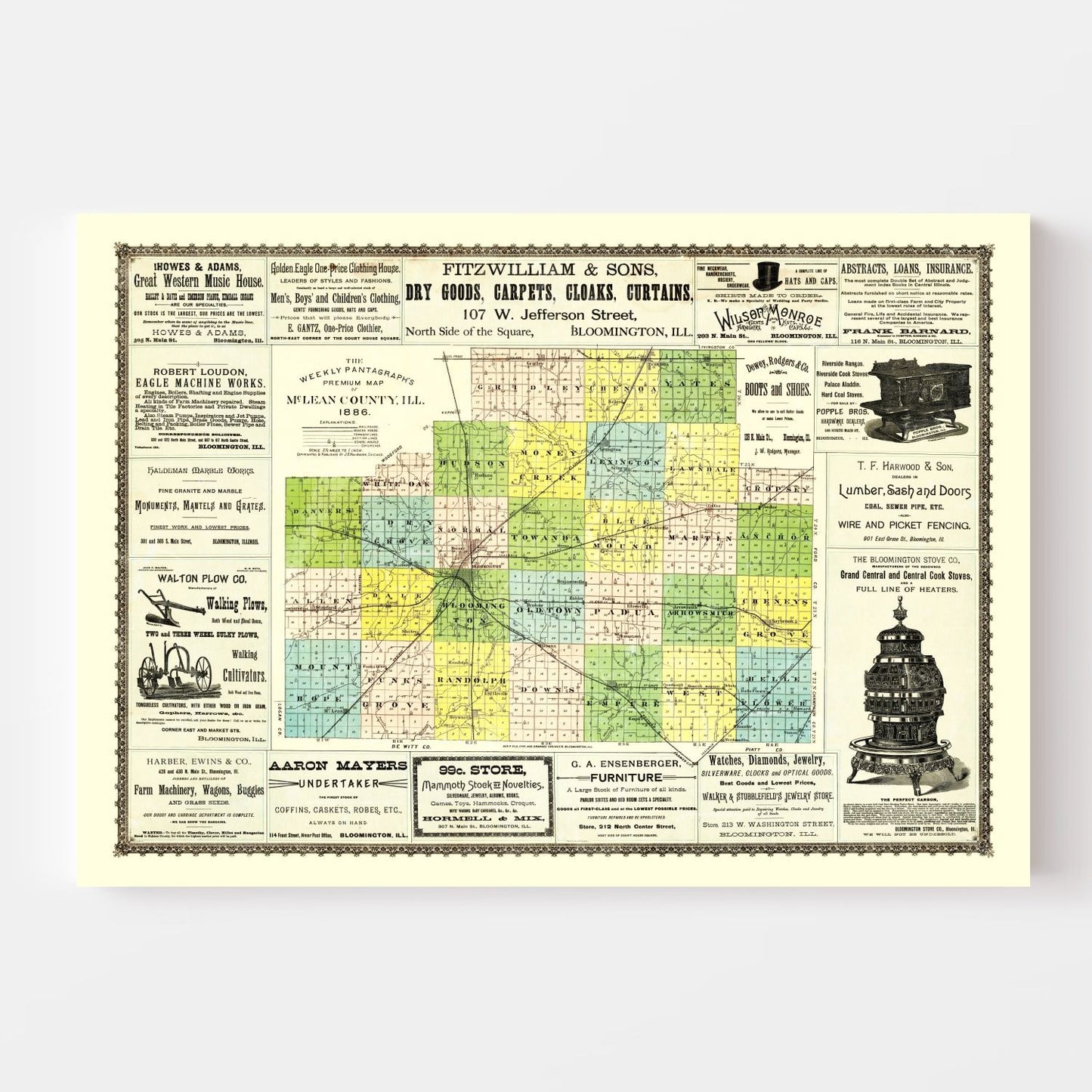 Vintage Map of McLean County, Illinois 1886