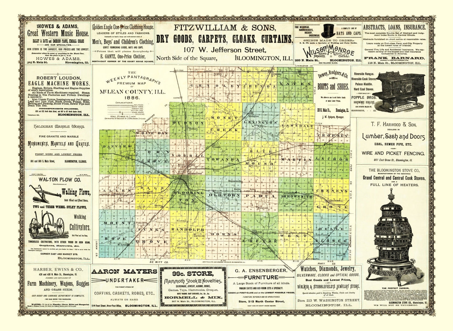 Vintage Map of McLean County, Illinois 1886
