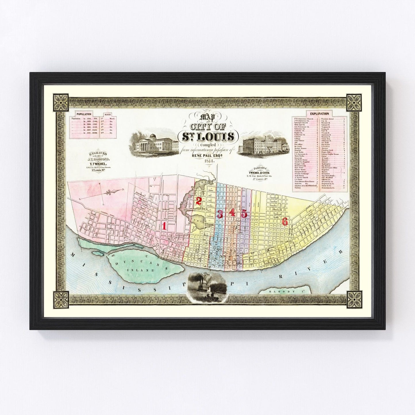 Vintage Map of St Louis, Missouri 1844
