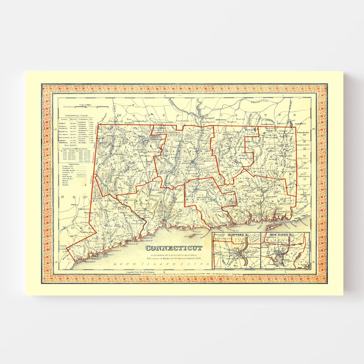 Vintage Map of Connecticut 1846