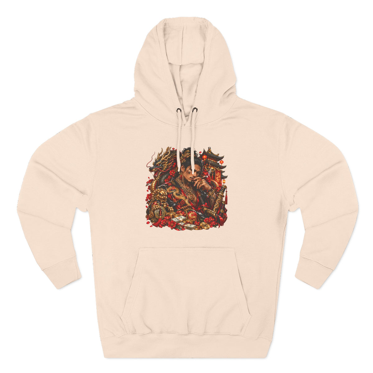 Dragon Battle Hoodie — Three-Panel Fleece Hooded Sweatshirt with Fiery Fantasy Artwork