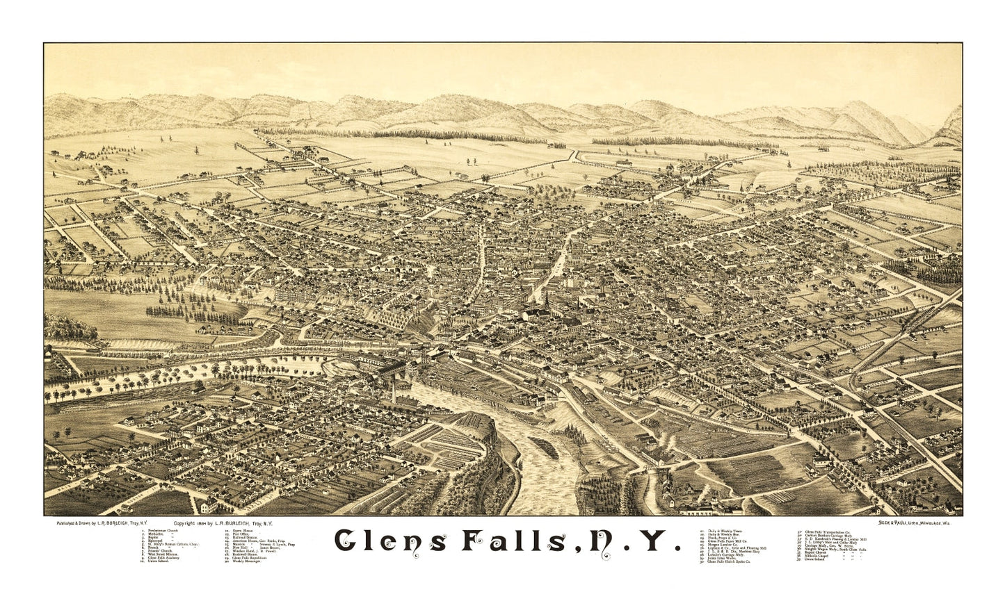 Vintage Map of Glens Falls, New York 1884