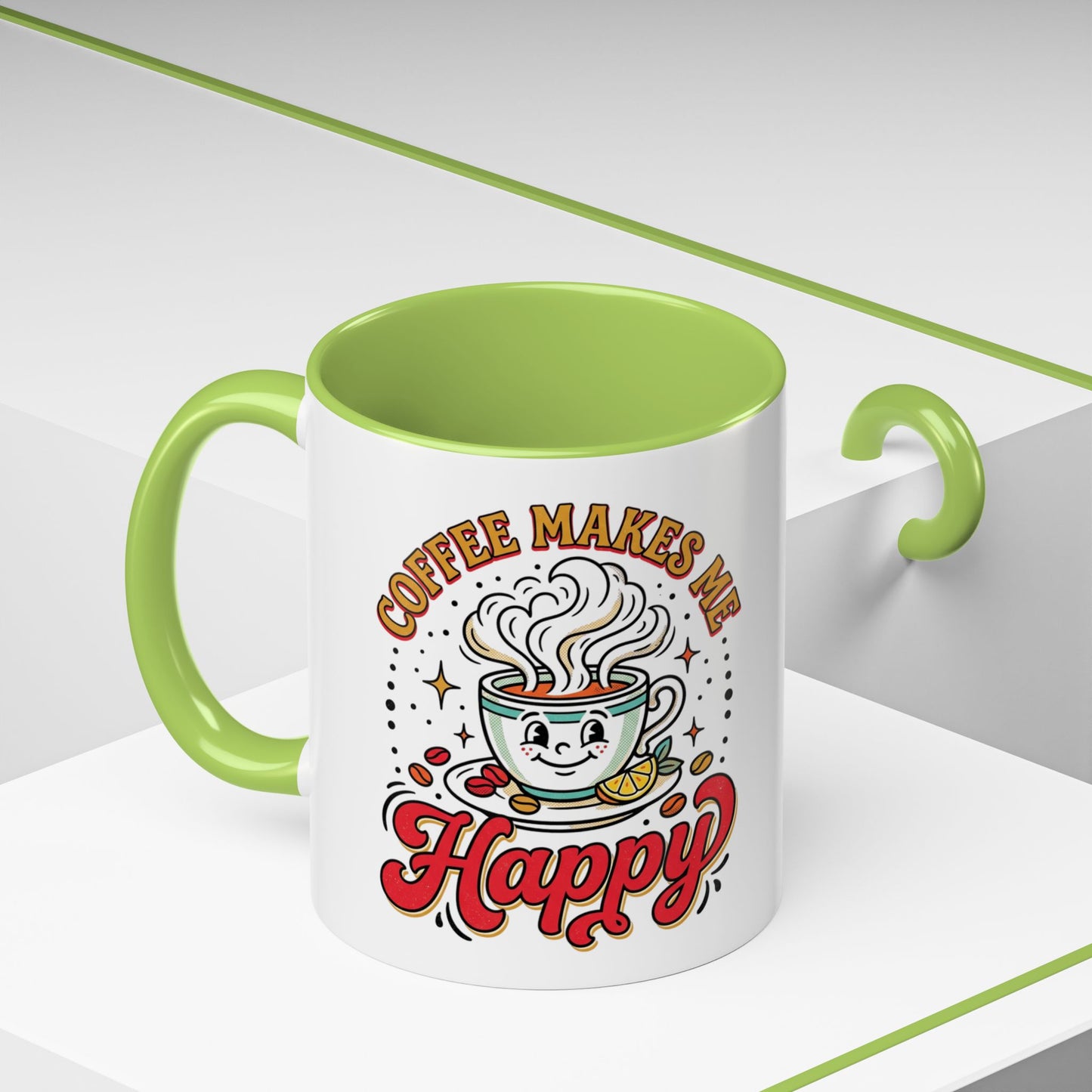Coffee Mug — "Coffee Makes Me Happy" Cute Retro Accent Mug (11/15oz)