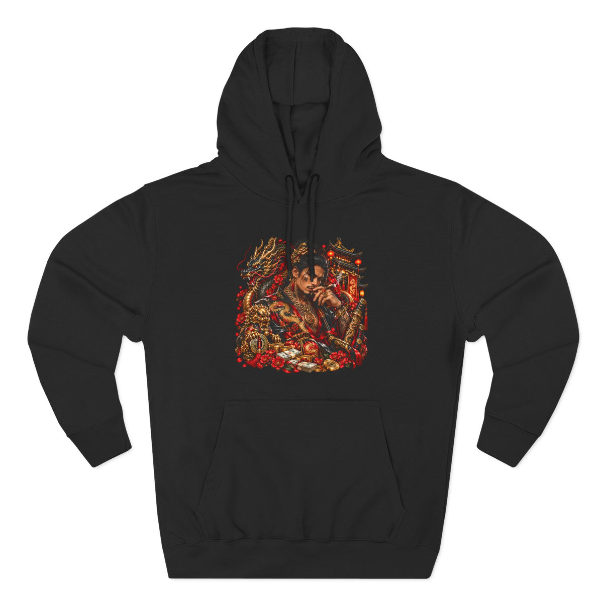 Dragon Battle Hoodie — Three-Panel Fleece Hooded Sweatshirt with Fiery Fantasy Artwork