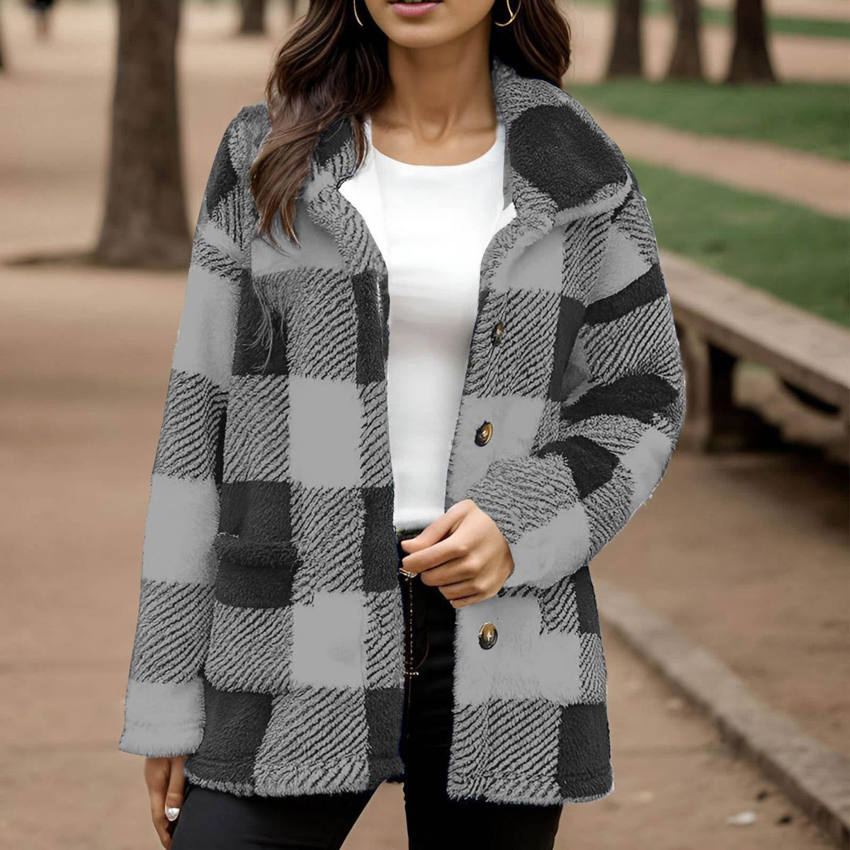 Women's Plaid Plush Button-Front Coat with Pockets