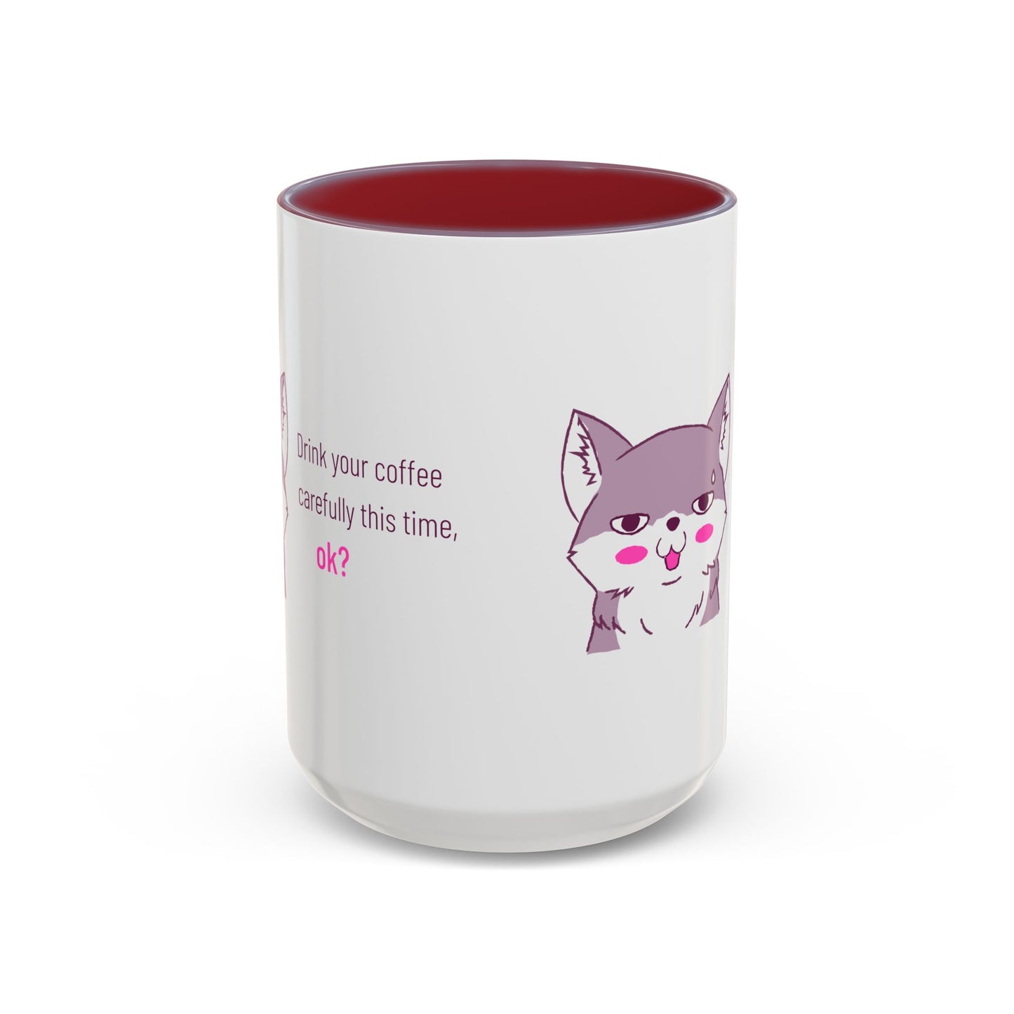 Accent Coffee Mug — Cute Shy Fox Design "Drink your coffee carefully this time, ok?"