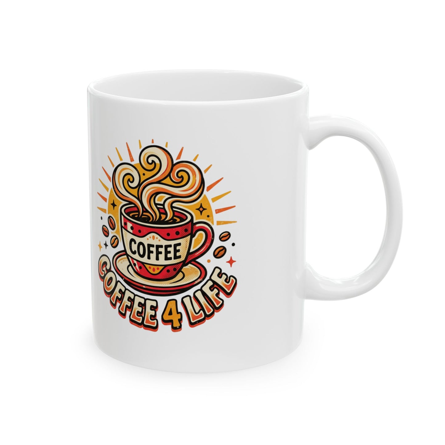 Coffee Mug - Retro 'Coffee 4 Life' Ceramic Mug, 11oz & 15oz
