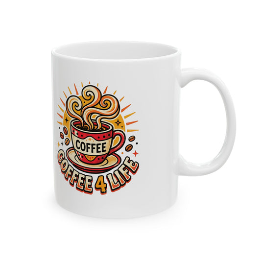 Coffee Mug - Retro 'Coffee 4 Life' Ceramic Mug, 11oz & 15oz