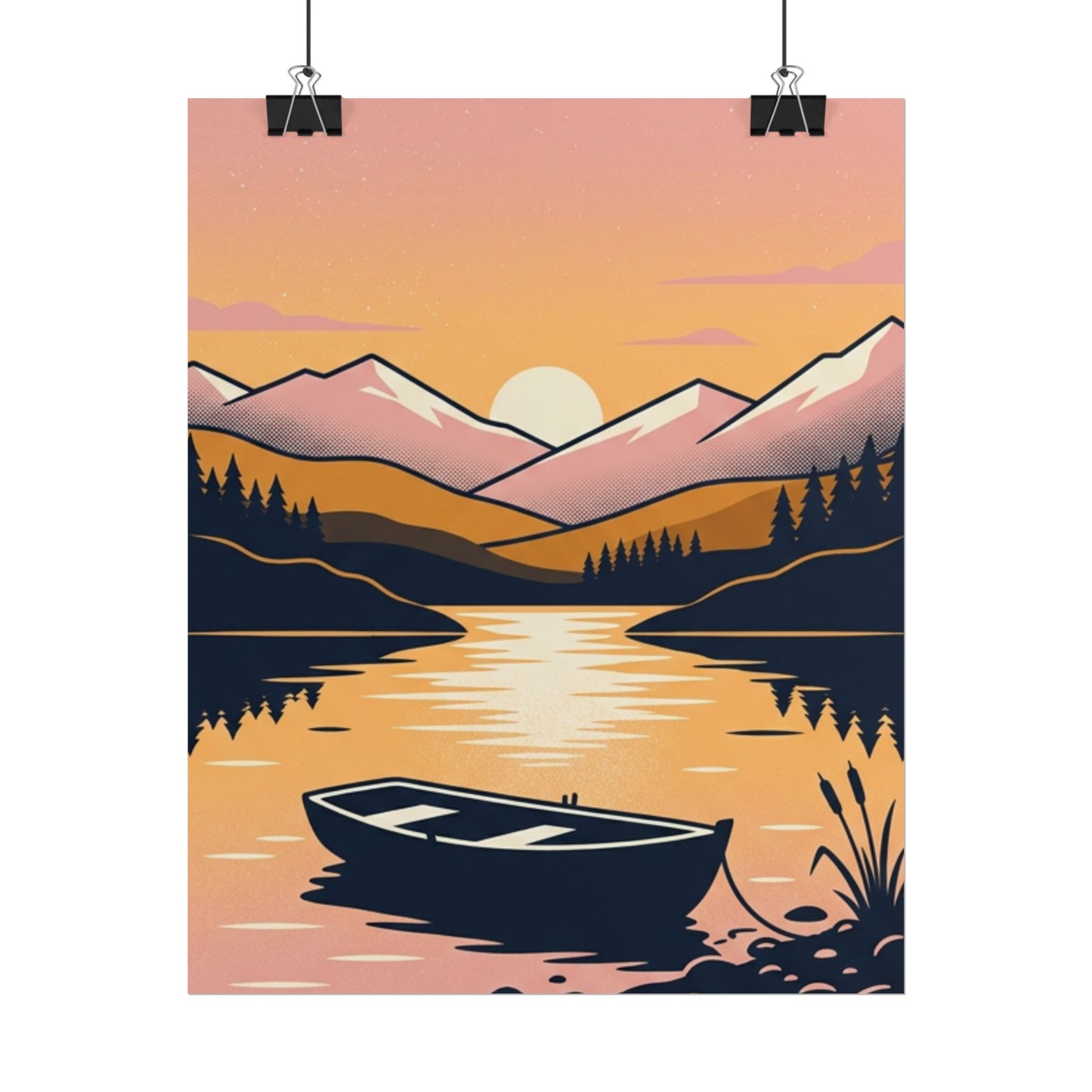 Sunset Lake Boat Poster — Scenic Mountain Landscape Wall Art
