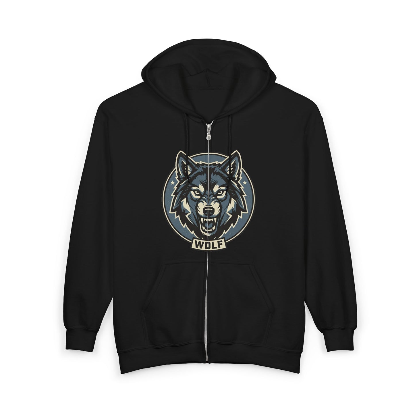 Wolf Head Zip Hoodie — Vintage Wolf Full-Zip Hooded Sweatshirt