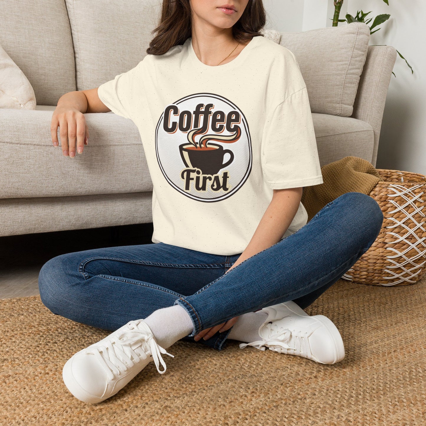 Coffee First T-Shirt — Retro Coffee Cup Graphic Tee for Coffee Lovers