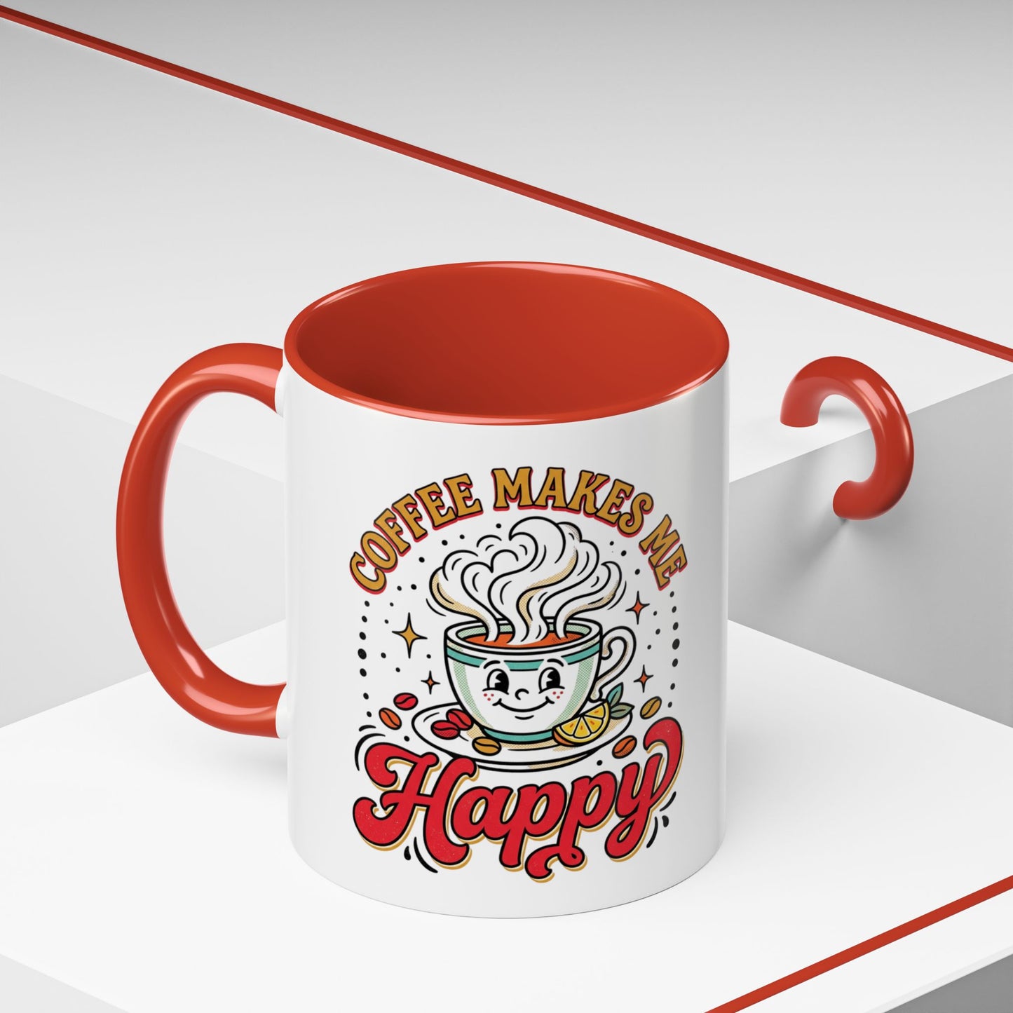 Coffee Mug — "Coffee Makes Me Happy" Cute Retro Accent Mug (11/15oz)