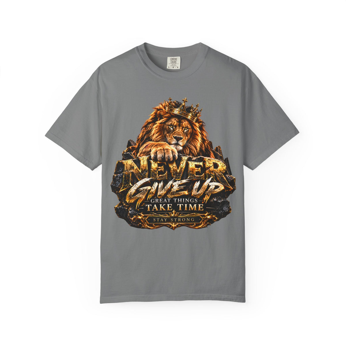 Lion Graphic T-Shirt — "Never Give Up: Great Things Take Time" Motivational Tee