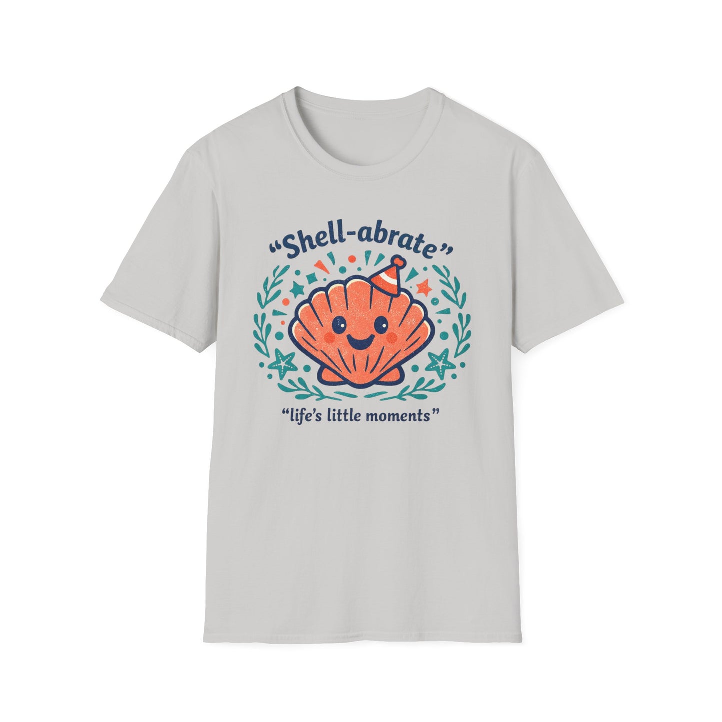 Shell-abrate Happy Seashell T-Shirt — "life's little moments" Cute Beach Graphic Tee