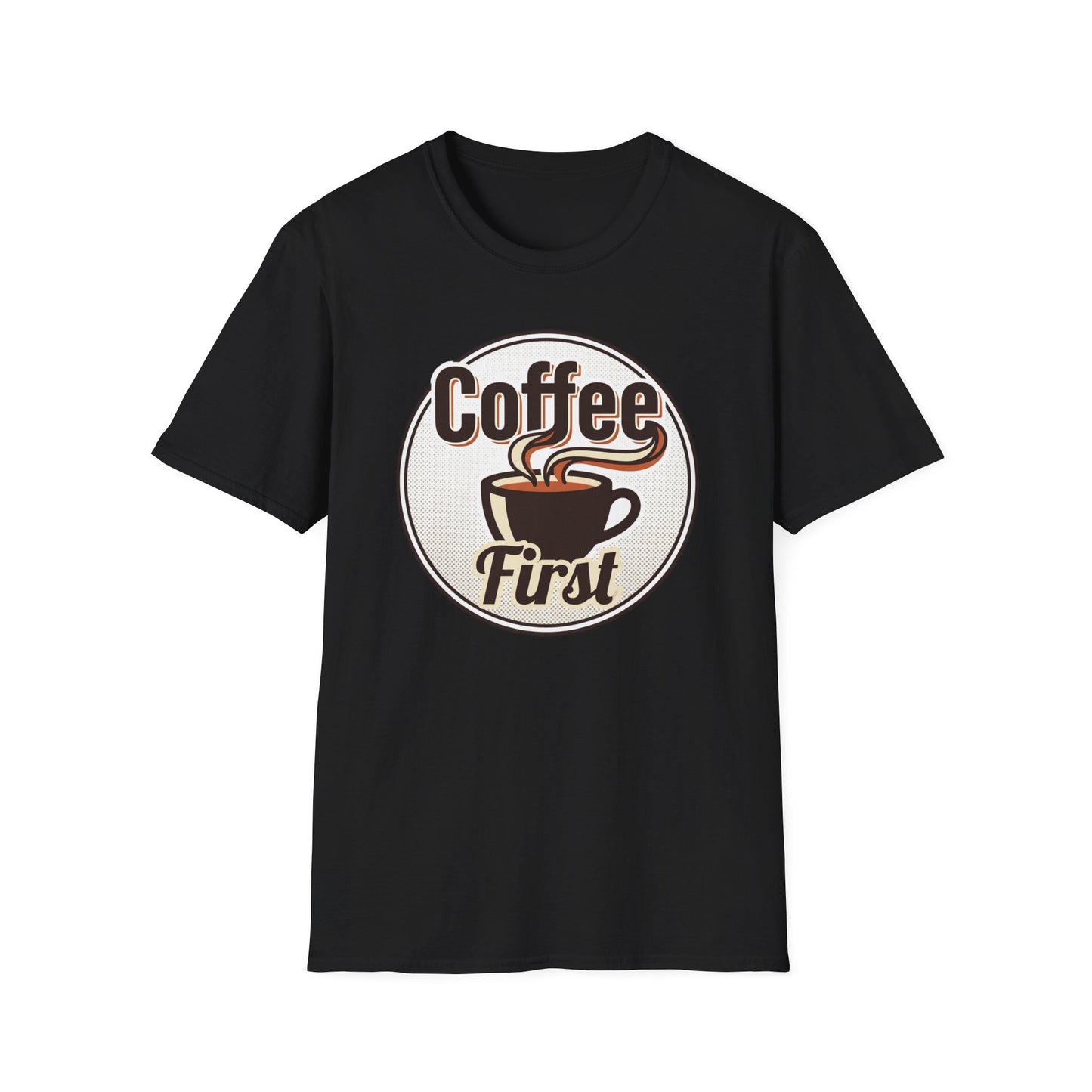 Coffee First T-Shirt — Retro Coffee Cup Graphic Tee for Coffee Lovers