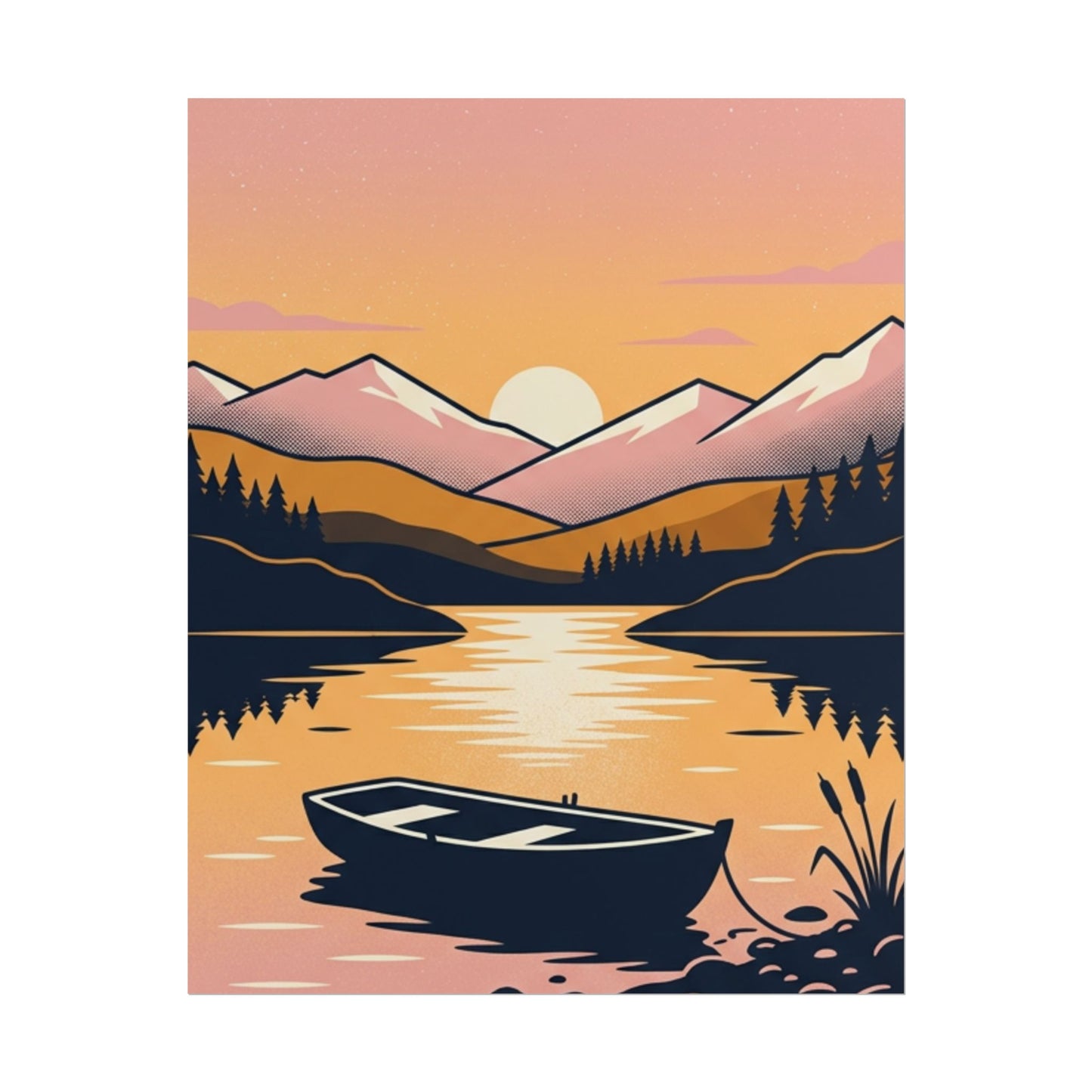 Sunset Lake Boat Poster — Scenic Mountain Landscape Wall Art