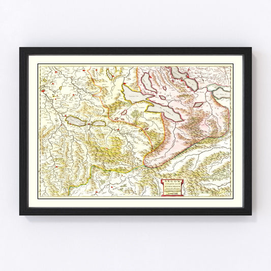 Vintage Map of Aargau & Zurich Switzerland 1665