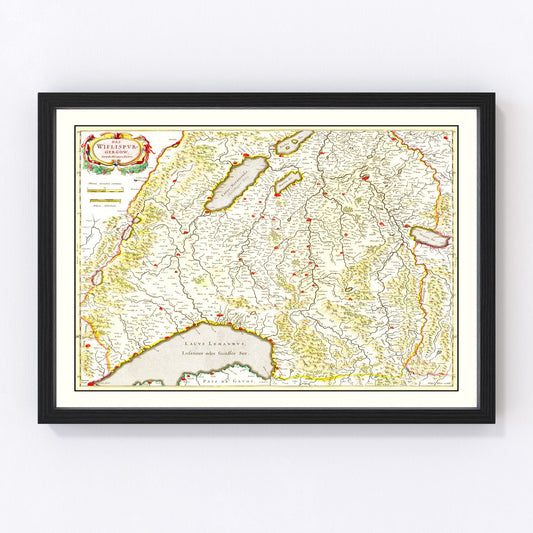 Vintage Map of Western Switzerland 1665