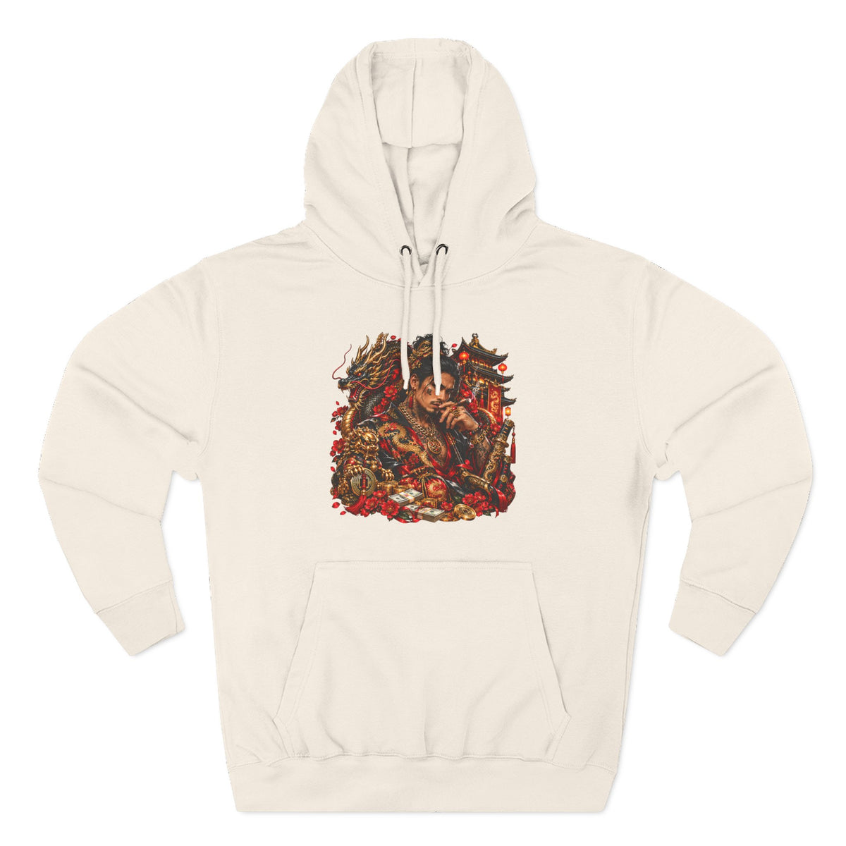 Dragon Battle Hoodie — Three-Panel Fleece Hooded Sweatshirt with Fiery Fantasy Artwork