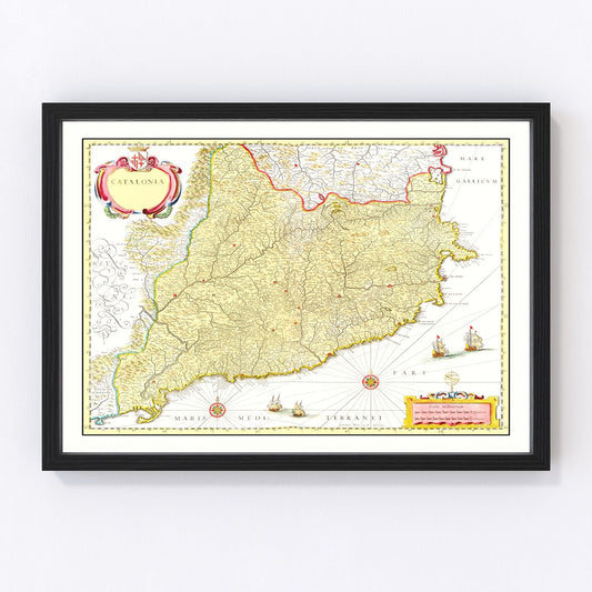 Vintage Map of Catalonia, Spain 1665