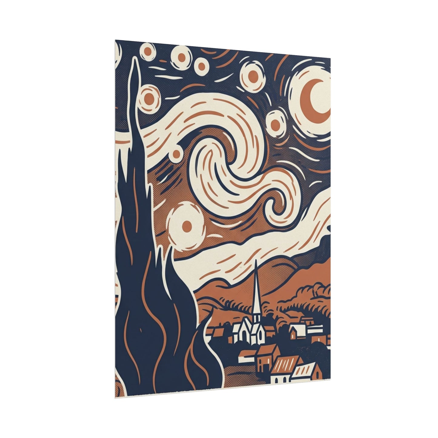 Starry Night-Inspired Rolled Poster — Vintage Blue & Tan Landscape Art Print