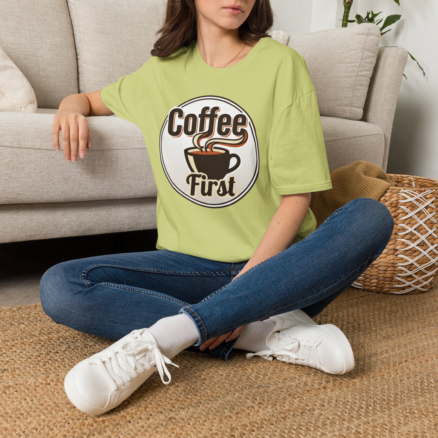 Coffee First T-Shirt — Retro Coffee Cup Graphic Tee for Coffee Lovers
