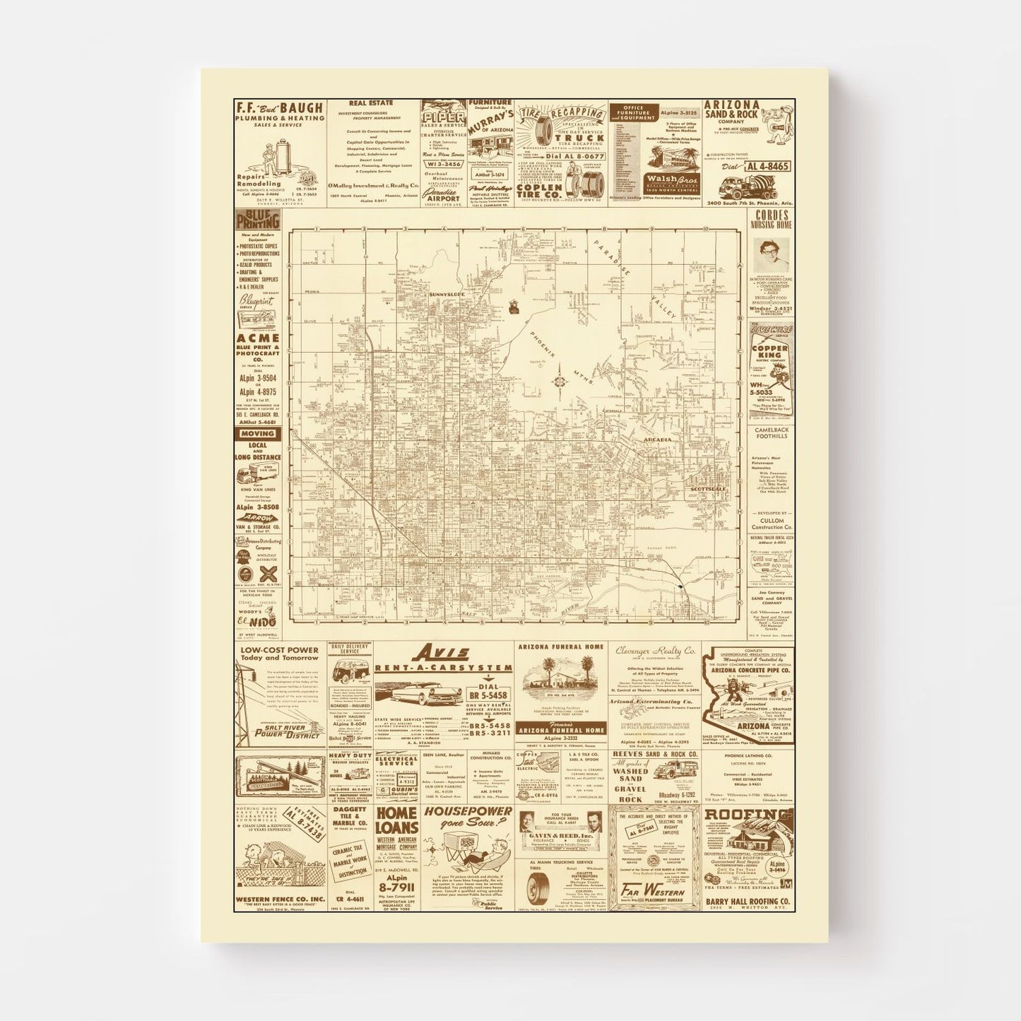 Vintage Map of Phoenix, Arizona 1956