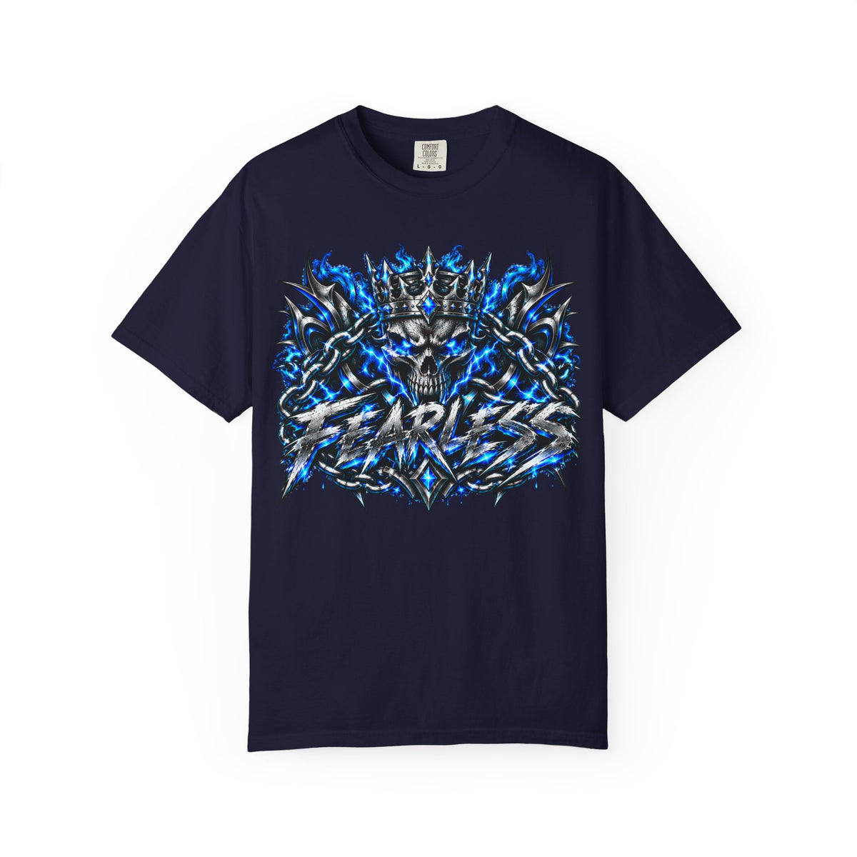 Skull Throne Graphic T-Shirt — Blue Lightning Heavy Metal Tee