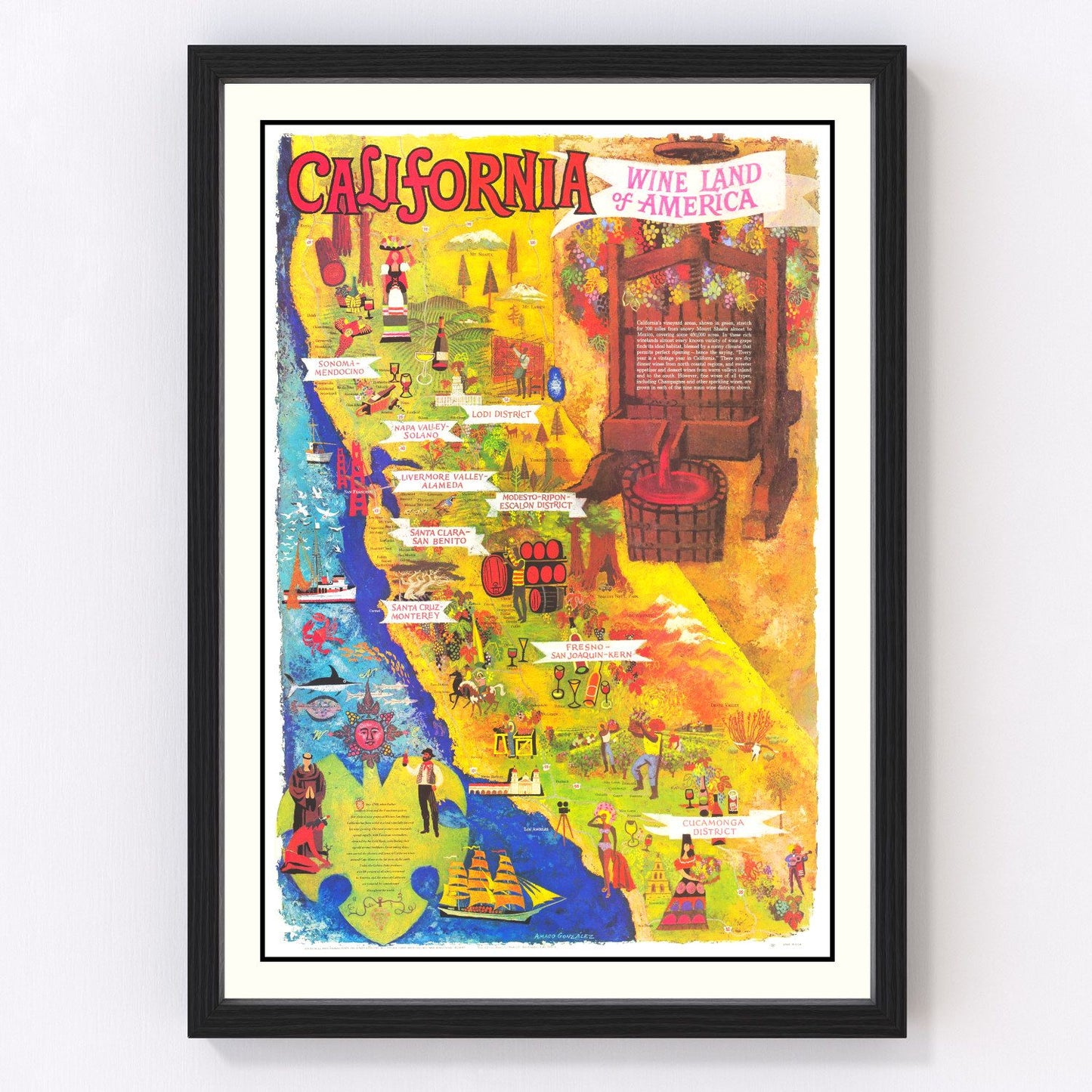Vintage California Wine Country Map 1960