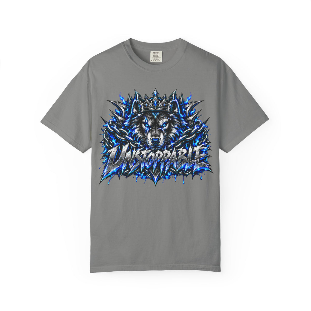 Wolf 'Unstoppable' Graphic Tee — Bold Blue Crowned Wolf Shirt